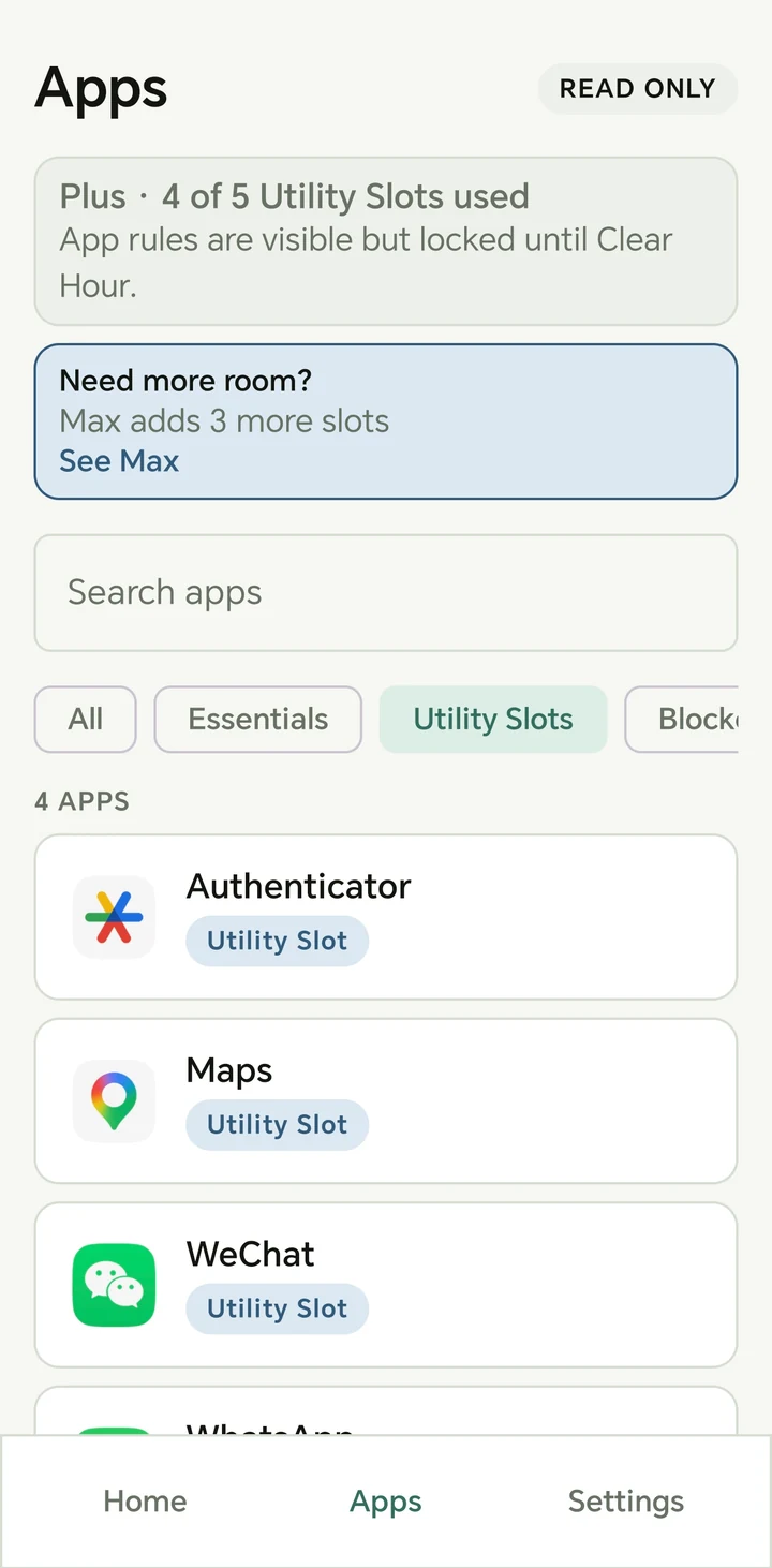 ClearHour Apps screen marked Read only, showing Utility Slot apps that cannot be changed until Clear Hour.