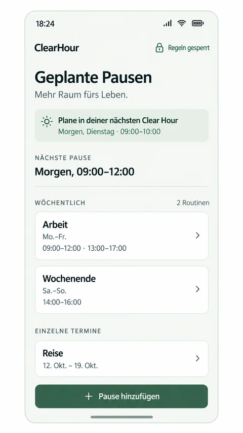 Geplante Pausen mit wöchentlichen Arbeitsroutinen und einzelnen Reiseterminen