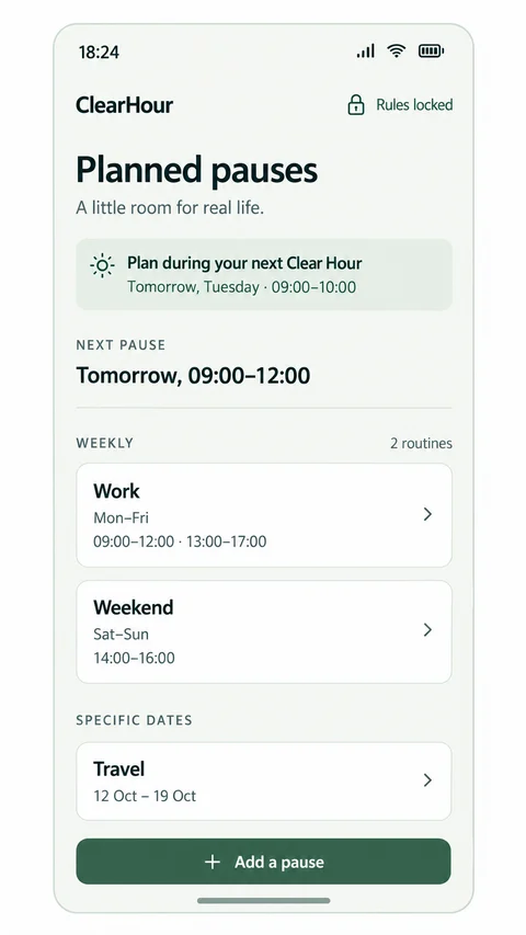 Planned pauses overview showing weekly work routines and specific travel dates