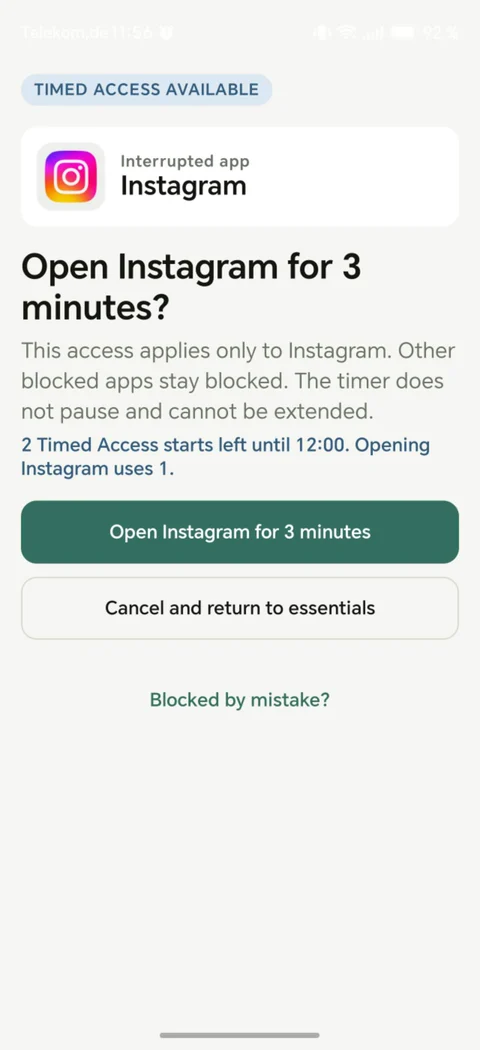 ClearHour asks whether to open Instagram for three minutes, with two starts remaining